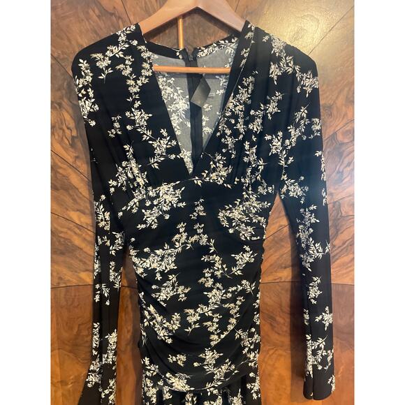 NORMA KAMALI Floral Print Shirred Jumpsuit STRETCHY SLINKY Wide Leg Black Sz XS - Picture 4 of 8